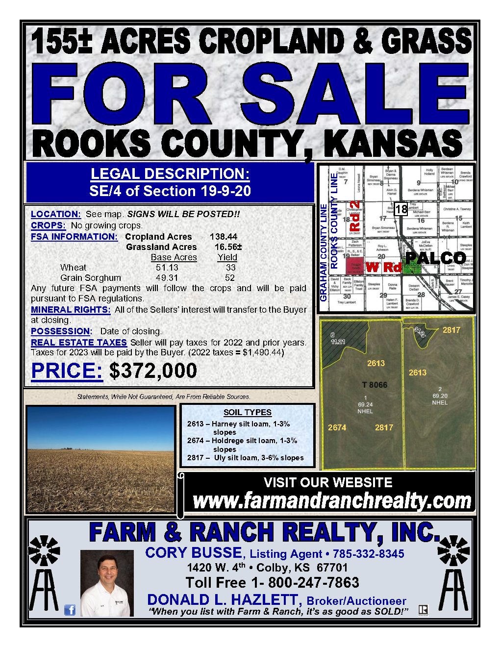 155± ACRES CROPLAND & GRASS ROOKS CO., KS